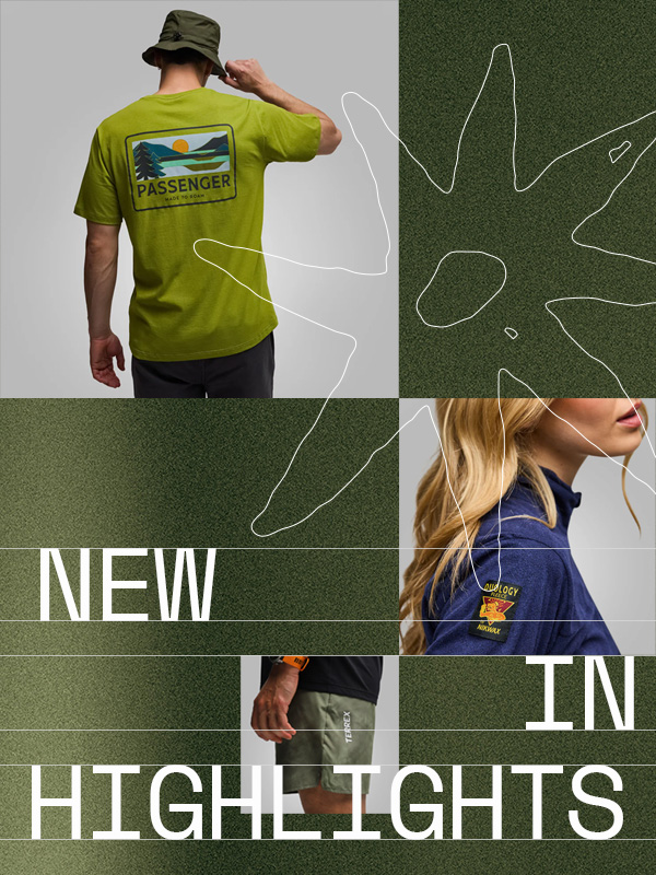 Collage of clothing items including a green graphic T-shirt (back view), a navy fleece with a sleeve patch, and a fabric label detail, overlaid with abstract shapes and the text “New In Highlights.”