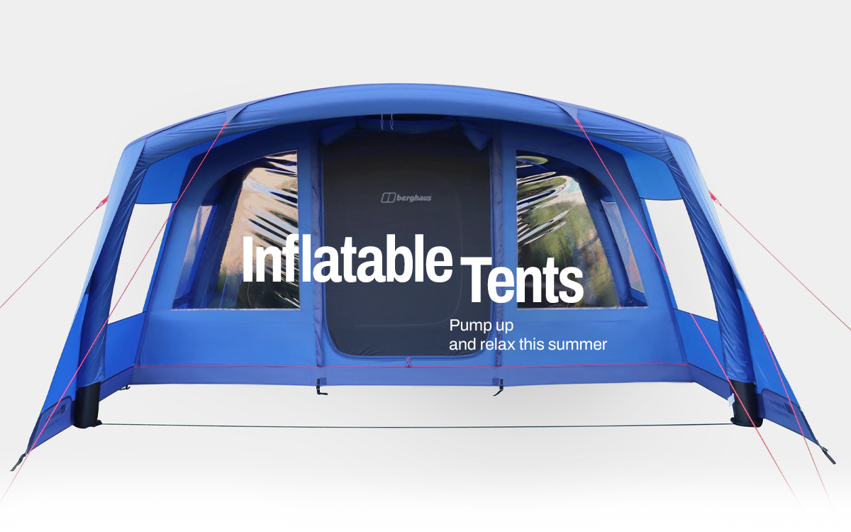 Inflatable family tent with large front panels and summer camping text.
