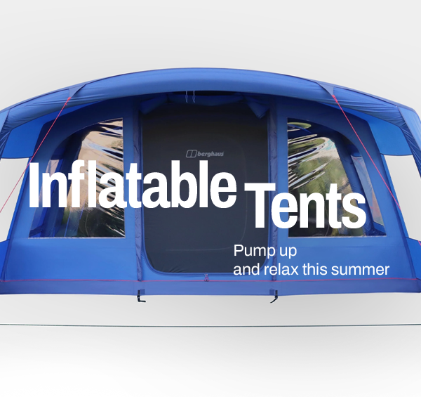 Inflatable family tent with large front panels and summer camping text.
