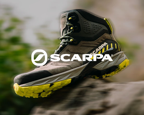 A close up of a Scarpa boot