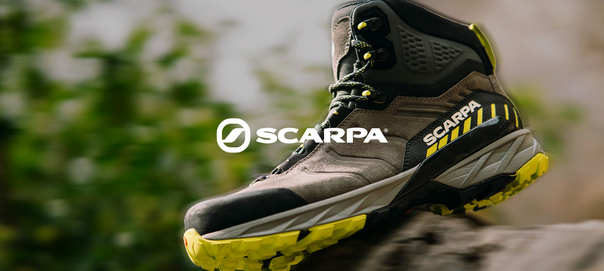 A close up of a Scarpa boot