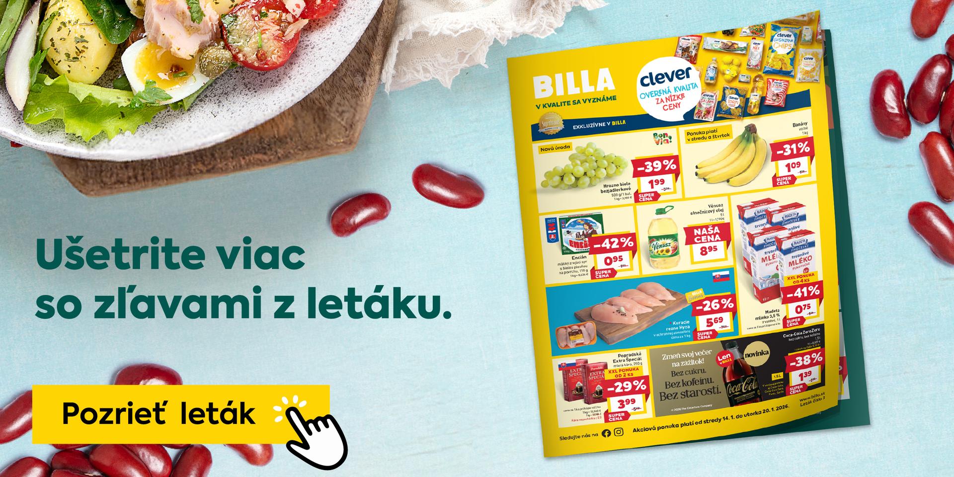 Nakupujte výhodne so zľavami z letáka. Pozrite sa, aké akcie sme pre Vás pripravili! Aktuálny leták je platný od stredy 14. 1. do utorka 20. 1. 2026