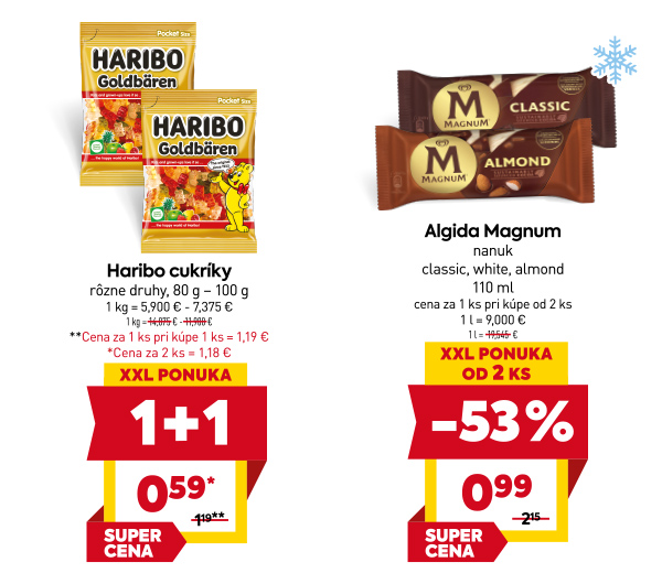 Na obrázku sú dva produkty. Naľavo je obrázok Haribo cukríky, rôzne druhy, 80 g – 100 g. V akciovej ponuke 1+1. Akciová cena za 1 ks je 0.59 €. Napravo je obrázok Algida Magnum, nanuk, classic, white, almond,110 ml. V zľave 53 %. Cena za 1 ks pri kúpe od 2 ks je 0.99 €. 