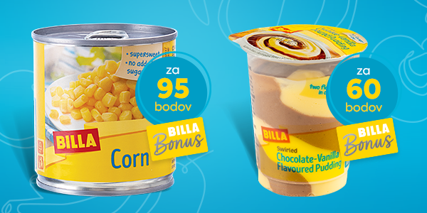 BILLA sladká kukurica, 212 ml - 140 g za 95 bodov a BILLA puding čokoláda/vanilka, 150 g, za 60 bodov. Vymeňte body za odmeny.