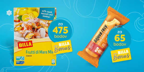 Odmeny v BILLA Bonus aplikácii: BILLA plody mora 270 g dostupné za 475 bodov. ZORA Sójové rezy 50 g – sladká tyčinka so sójovým základom za 65 bodov. 