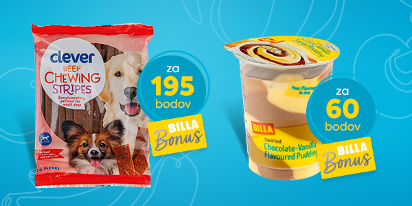 Clever žuvacie prúžky s hovädzinou 280 g vymeníte v BILLA Bonus aplikácii v sekcii odmeny za 195 bodov. BILLA puding čokoláda/vanilka 150 g za 60 bodov.