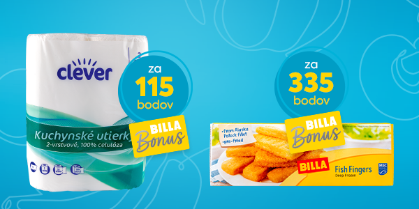 Rybie prsty BILLA 450 g a Clever kuchynské utierky 2 × 50 ks (2-vrstvové) dostupné za výmenu bodov v BILLA Bonus aplikácii – 335 bodov za rybie prsty a 115 bodov za utierky.