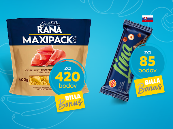  BILLA Bonus odmeny – získajte Lina celomáčanú tyčinku 50 g za 85 bodov alebo Cappelletti prosciutto crudo 400 g za 420 bodov. Stačí nazbierať body a odmeniť sa obľúbenými produktmi.