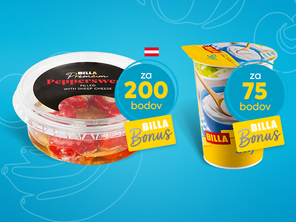 Vymeňte body za produkty: BILLA Skyr Natur, 500 g, cena 75 bodov a BILLA Premium papričky plnené ovčím syrom, 140 g, cena 200 bodov.