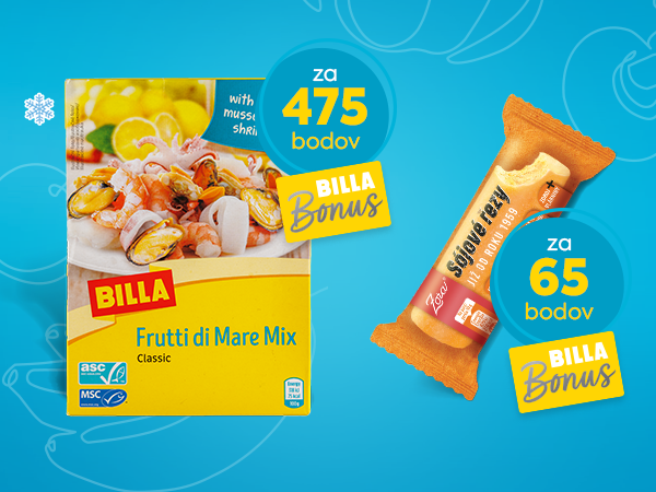 Odmeny v BILLA Bonus aplikácii: BILLA plody mora 270 g dostupné za 475 bodov. ZORA Sójové rezy 50 g – sladká tyčinka so sójovým základom za 65 bodov. 