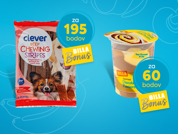 Clever žuvacie prúžky s hovädzinou 280 g vymeníte v BILLA Bonus aplikácii v sekcii odmeny za 195 bodov. BILLA puding čokoláda/vanilka 150 g za 60 bodov.