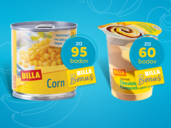 BILLA sladká kukurica, 212 ml - 140 g za 95 bodov a BILLA puding čokoláda/vanilka, 150 g, za 60 bodov. Vymeňte body za odmeny.