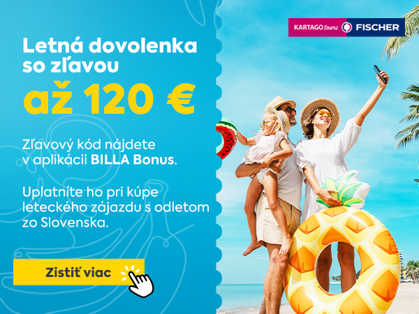 Zľava až 120 € na letnú dovolenku s BILLA Bonus – aktivujte si zľavový kód v aplikácii a cestujte výhodnejšie s FISCHER alebo KARTAGO TOURS.