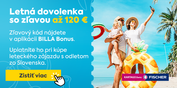 Zľava až 120 € na letnú dovolenku s BILLA Bonus – aktivujte si zľavový kód v aplikácii a cestujte výhodnejšie s FISCHER alebo KARTAGO TOURS.