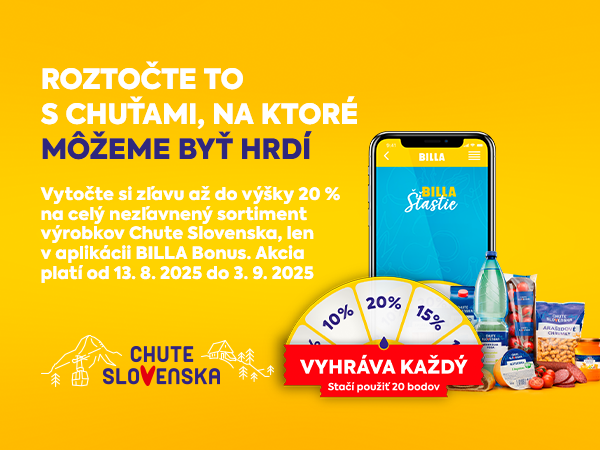Roztočte to s chuťami Chute Slovenska – zľava až 20 % na celý nezľavnený sortiment, exkluzívne v BILLA Bonus aplikácii. Akcia platí od 13. 8. do 3. 9. 2025. Vyhrať môže každý – stačí použiť 20 bodov.