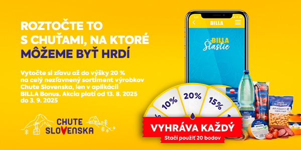 Roztočte to s chuťami Chute Slovenska – zľava až 20 % na celý nezľavnený sortiment, exkluzívne v BILLA Bonus aplikácii. Akcia platí od 13. 8. do 3. 9. 2025. Vyhrať môže každý – stačí použiť 20 bodov.