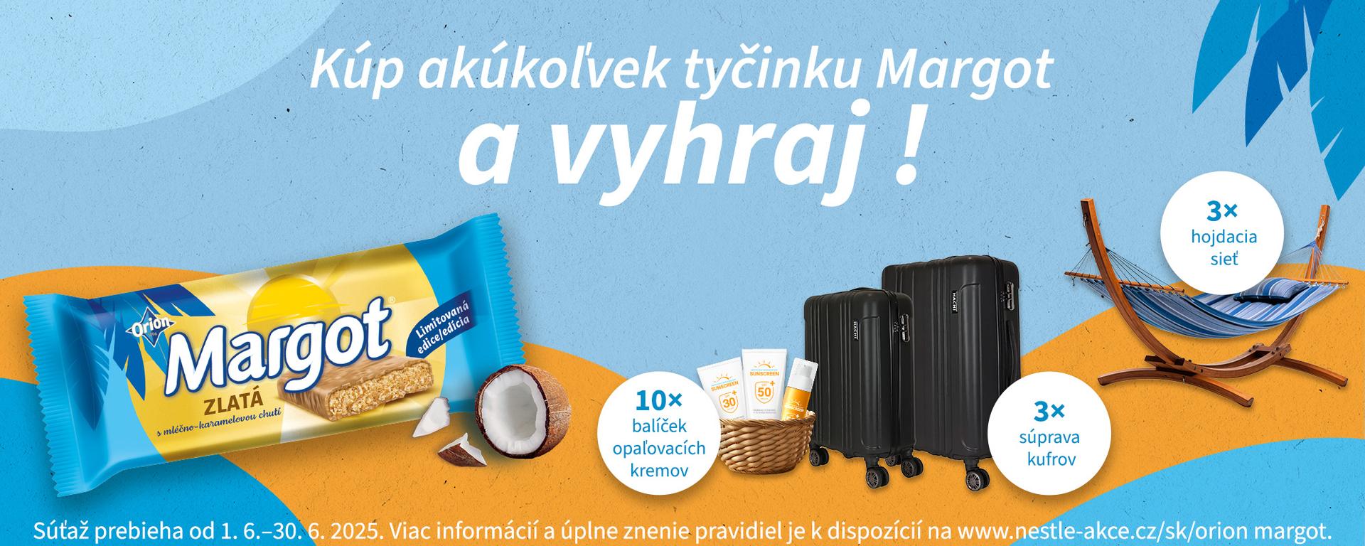 Kúp akúkoľvek tyčinku Margot a zapoj sa do súťaže od 1. 6. do 30. 6. 2025. Hraj o 3× hojdaciu sieť, 3× súpravu kufrov a 10× balíček opaľovacích krémov.