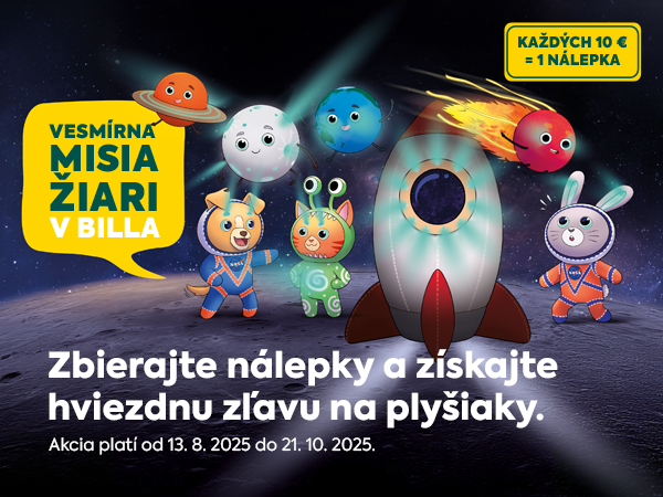 Nálepky môžete zbierať od 13. 8. do 21. 10. 2025 a zľavu si uplatníte až do 4. 11. 2025 alebo do vypredania zásob. Nakupujte, zbierajte nálepky a vydajte sa na vesmírnu misiu za mäkučkými hrdinami.