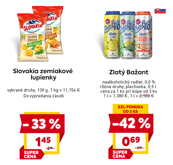 Slovakia zemiakové lupienky, vybrané druhy, 130 g, cena 1,45 €, so zľavou -33 %, označené ako 