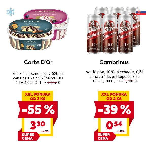 Carte D'Or zmrzlina, rôzne druhy, 825 ml za 3,30 € pri kúpe od 2 ks, pôvodná cena 7,49 €, zľava –55 %, výhodná XXL ponuka a super cena. Gambrinus svetlé pivo, 10 %, 0,5 l plechovka za 0,54 € pri kúpe od 6 ks, pôvodná cena 0,89 €, zľava –39 %, výhodná XXL ponuka.
