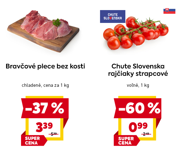 Bravčové plece bez kosti, chladené, cena 3,39 € za 1 kg, so zľavou -37 %, označené ako 