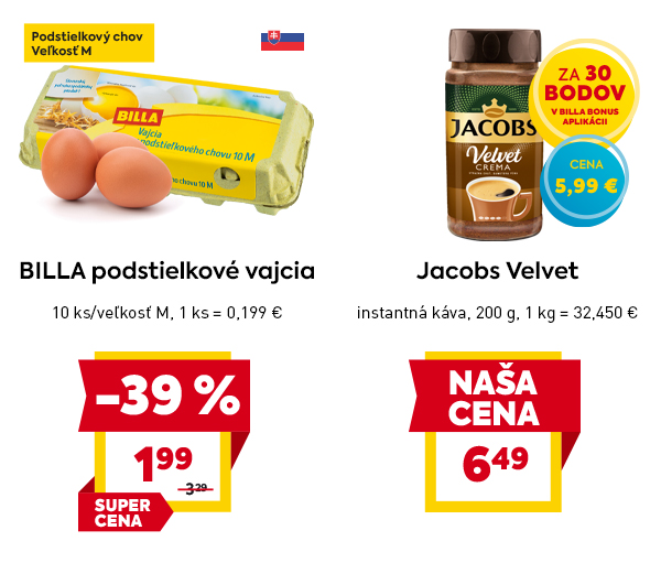 BILLA podstielkové vajcia veľkosti M – balenie 10 ks za 1,99 € (–39 %), pôvodná cena 3,29 €. Označené slovenskou vlajkou a ako podstielkový chov. Vpravo Jacobs Velvet Crema instantná káva 200 g – v BILLA Bonus aplikácii za 30 bodov za 5,99 €, bežná akciová cena 6,49 €.