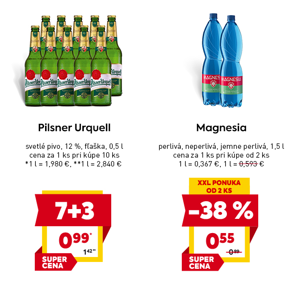 Pilsner Urquell, svetlé pivo, 12 %, fľaška 0,5 l, cena 0,99 € pri kúpe 7+3 ks, označené ako 