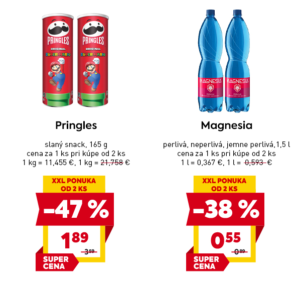 Pringles slaný snack 165 g so zľavou -47 % za 1,89 € pri kúpe od 2 ks a Magnesia perlivá, neperlivá alebo jemne perlivá 1,5 l so zľavou -38 % za 0,55 € pri kúpe od 2 ks, obe s označením XXL PONUKA a SUPER CENA.