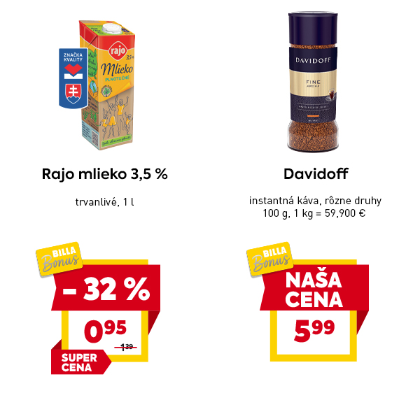 Rajo mlieko 3,5 %, trvanlivé, 1 L, cena 0,95 €, so zľavou -32 %, označené ako 