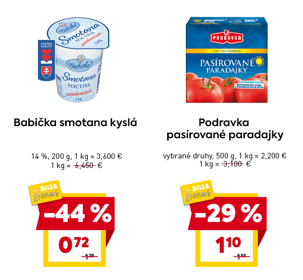 Babička kyslá smotana 14 %, 200 g za 0,72 € (–44 % s BILLA Bonus, Značka kvality). Vpravo Podravka pasírované paradajky 500 g za 1,10 € (–29 % s BILLA Bonus), bez konzervantov a umelých látok.