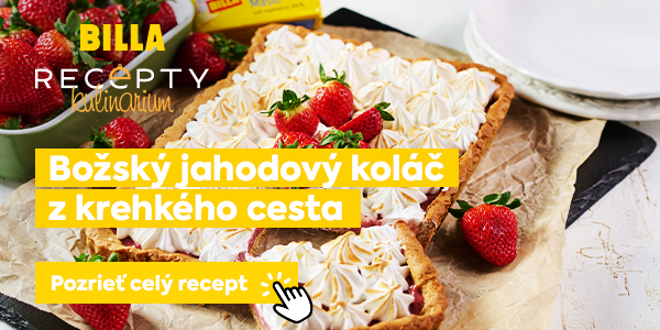 BILLA RECEPTY Kulinárium – Božský jahodový koláč z krehkého cesta. Tlačidlo: „Pozrieť celý recept“.