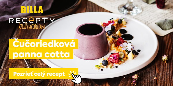 BILLA RECEPTY s receptom na čučoriedkovú panna cottu. Výrazne je zvýraznený názov receptu a výzva na jeho zobrazenie – „Pozrieť celý recept“ – s ikonou ruky, ktorá naznačuje kliknutie. 