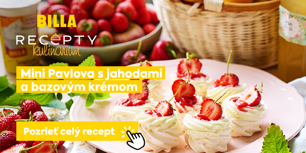 Recept na Mini Pavlova s jahodami a bazovým krémom. Vyobrazené hotové jedlo a tlačidlo pozrieť celý recept.