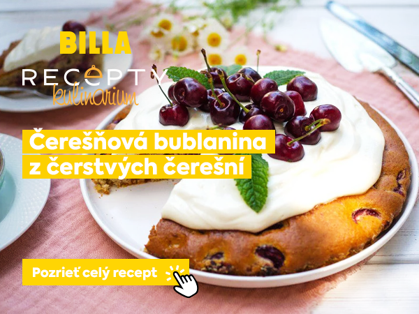 BILLA recepty – Čerešňová bublanina z čerstvých čerešní ako sladké letné potešenie, ideálne na popoludňajšiu pohodu či víkendové pečenie. Tlačidlo „Pozrieť celý recept“.