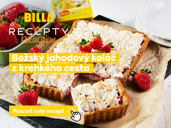 BILLA RECEPTY Kulinárium – Božský jahodový koláč z krehkého cesta. Tlačidlo: „Pozrieť celý recept“.