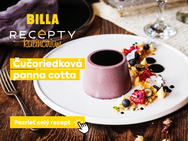 BILLA RECEPTY s receptom na čučoriedkovú panna cottu. Výrazne je zvýraznený názov receptu a výzva na jeho zobrazenie – „Pozrieť celý recept“ – s ikonou ruky, ktorá naznačuje kliknutie. 