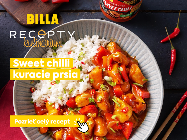 BILLA RECEPTY Kulinárium inšpirujte sa receptom Sweet chilli kuracie prsia. Kliknite na možnosť Pozrieť celý recept.