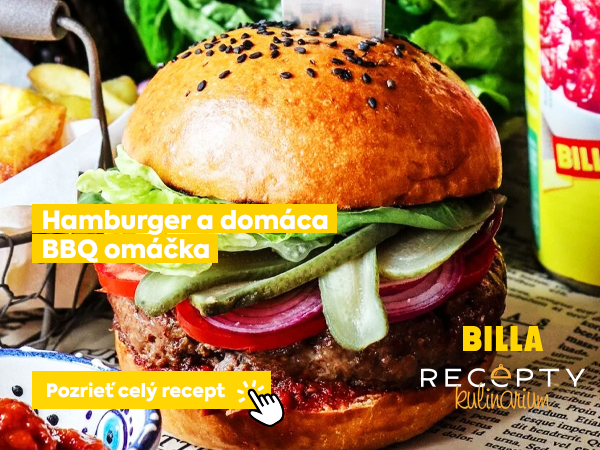 Hamburger s domácou BBQ omáčkou – šťavnatý hovädzí burger podávaný v mäkkej žemli s domácou BBQ omáčkou, čerstvou zeleninou a obľúbenými prílohami. Recept obsahuje postup na prípravu mäsa aj omáčky.
