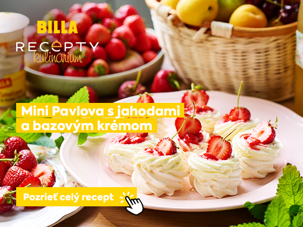 Recept na Mini Pavlova s jahodami a bazovým krémom. Vyobrazené hotové jedlo a tlačidlo pozrieť celý recept.