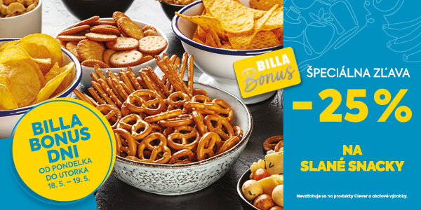Využite špeciálnu 25 % zľavu na slané snacky s BILLA Bonus. Od 18.5.2026 do 19.5.2026
