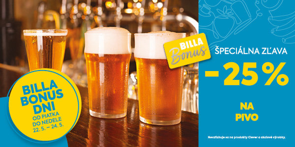 Využite špeciálnu 25 % zľavu na pivo s BILLA Bonus. Od 22.5.2026 do 24.5.2026