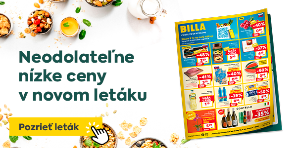 Leták BILLA s hlavičkou „Neodolateľne nízke ceny v novom letáku“, v popredí tlačidlo „Pozrieť leták“. V letáku vidno ponuku potravín a produkty označené výraznými zľavami. Slogan „V KVALITE SA VYZNÁME“ dopĺňa vizuál. Obrázok komunikuje akciovú kampaň s výhodnými cenami.