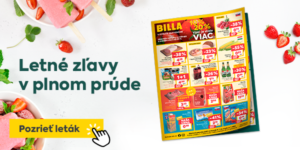Letné zľavy v plnom prúde – akcia platí od stredy 2. 7. do utorka 8. 7. 2024. Tlačidlo s textom „Pozrieť leták“.