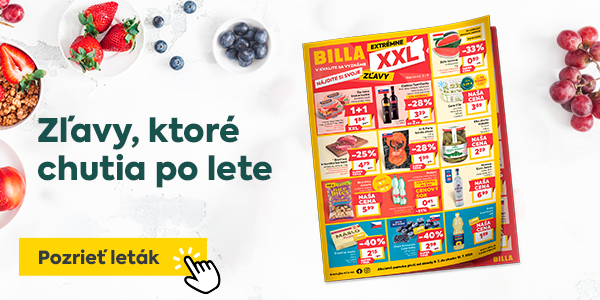 Zľavy, ktoré chutia po lete – prelistujte si BILLA leták plný extrémnych XXL zliav. Ponuka obsahuje zľavy až do -40 % na ovocie, mäso, konzervy či maslo, akcie typu 1+1 a produkty za „Našu cenu“. Kliknite na banner a pozrite si leták.