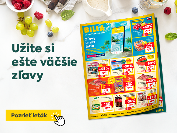 Užite si ešte väčšie zľavy – objavte aktuálne akciové ponuky v novom BILLA letáku. Výhodné ceny na obľúbené produkty len tento týždeň. Tlačidlo: „Pozrieť leták“.