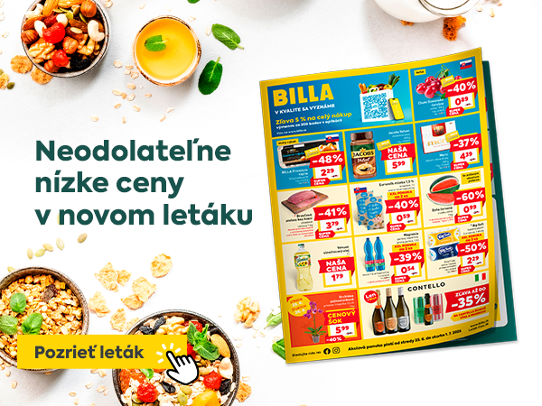 Leták BILLA s hlavičkou „Neodolateľne nízke ceny v novom letáku“, v popredí tlačidlo „Pozrieť leták“. V letáku vidno ponuku potravín a produkty označené výraznými zľavami. Slogan „V KVALITE SA VYZNÁME“ dopĺňa vizuál. Obrázok komunikuje akciovú kampaň s výhodnými cenami.