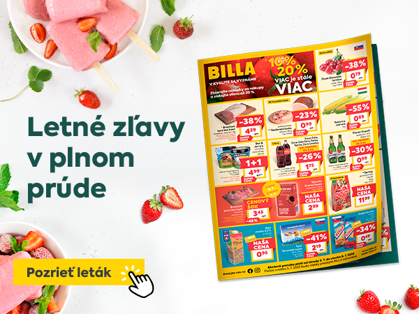 Letné zľavy v plnom prúde – akcia platí od stredy 2. 7. do utorka 8. 7. 2024. Tlačidlo s textom „Pozrieť leták“.