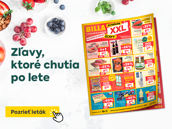 Zľavy, ktoré chutia po lete – prelistujte si BILLA leták plný extrémnych XXL zliav. Ponuka obsahuje zľavy až do -40 % na ovocie, mäso, konzervy či maslo, akcie typu 1+1 a produkty za „Našu cenu“. Kliknite na banner a pozrite si leták.
