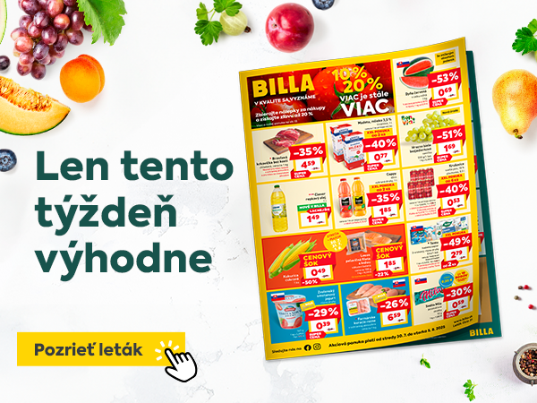  Na obrázku je zobrazený leták s akciovými ponukami, ktorý obsahuje text Len tento týždeň výhodne a možnosť Pozrieť leták na zobrazenie ďalších informácií o zľavách.