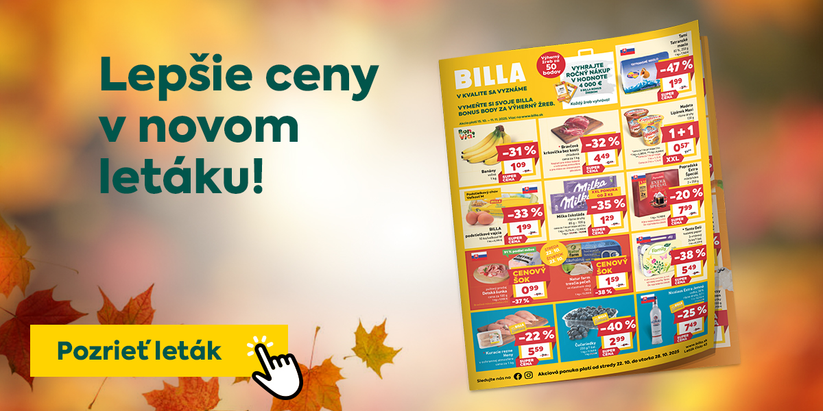 Lepšie ceny v novom letáku. Pozrite sa, aké akcie sme pre Vás pripravili! Aktuálny leták je platný od stredy 22. 10. do utorka 28. 10. 2025. Akcia platí do vypredania zásob.